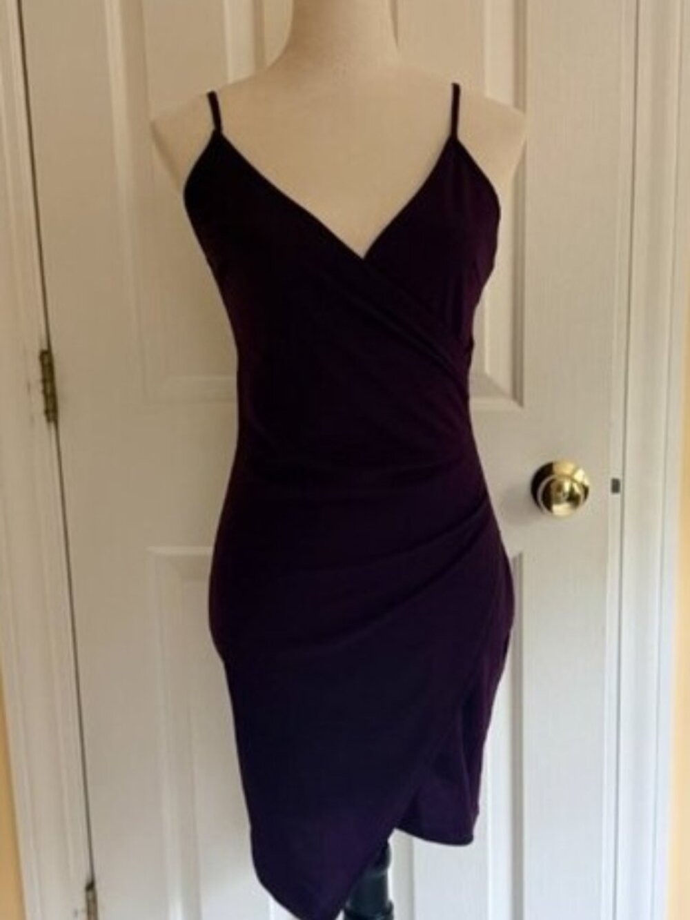 Dark purple, shirred, v-neck, lined, spandex dress, sz S, adjustable straps.